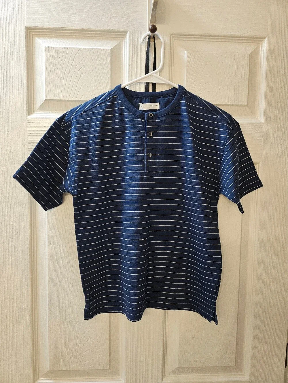 Zara Navy and White Striped Short-Sleeve Henley